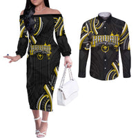 Traditional Art Hawaiian Kakau Tattoos Couples Matching Off The Shoulder Long Sleeve Dress and Long Sleeve Button Shirt Yellow Color LT03 Yellow - Polynesian Pride