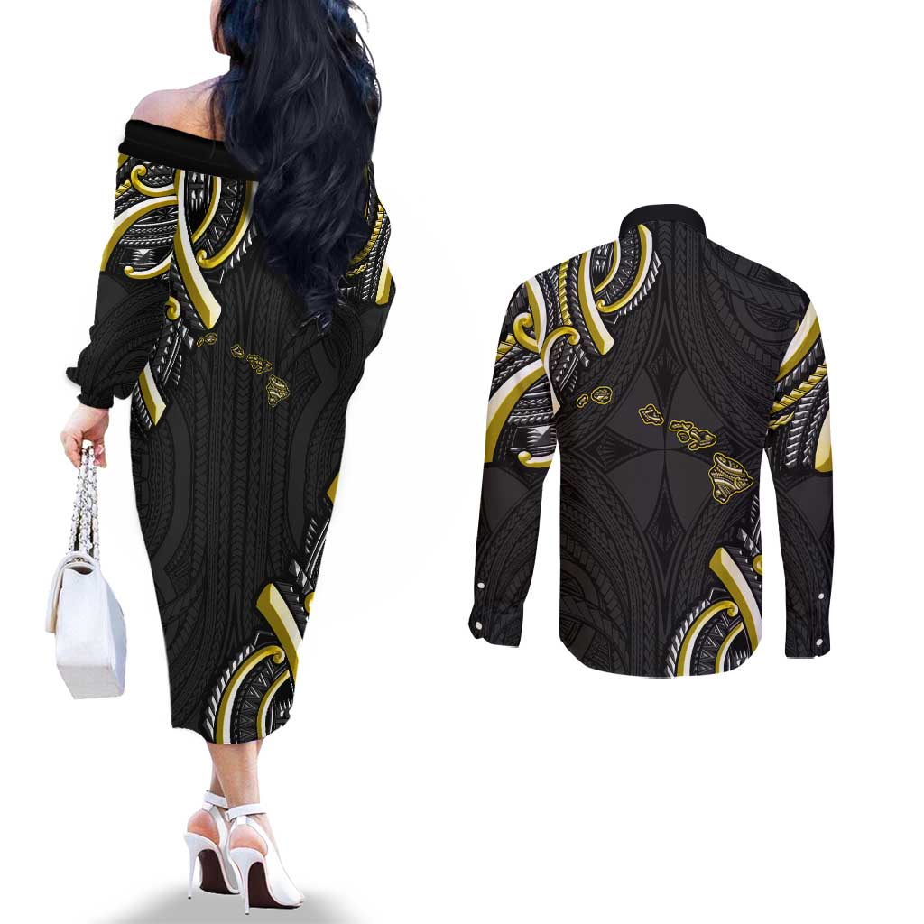 Traditional Art Hawaiian Kakau Tattoos Couples Matching Off The Shoulder Long Sleeve Dress and Long Sleeve Button Shirt Yellow Color LT03 - Polynesian Pride