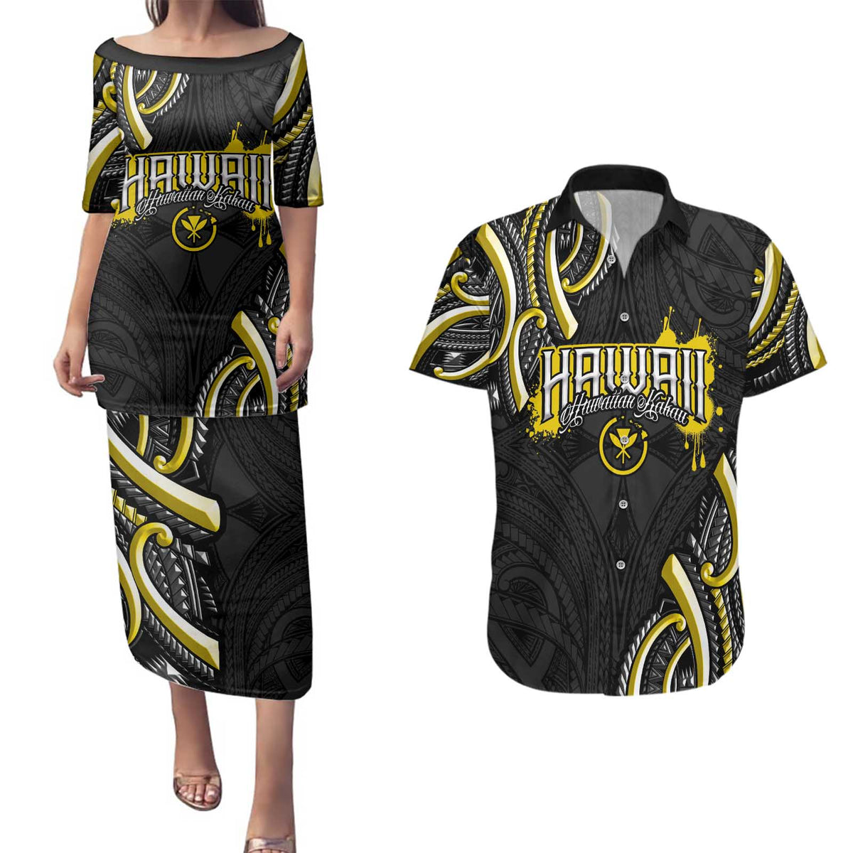 Traditional Art Hawaiian Kakau Tattoos Couples Matching Puletasi and Hawaiian Shirt Yellow Color - Polynesian Pride