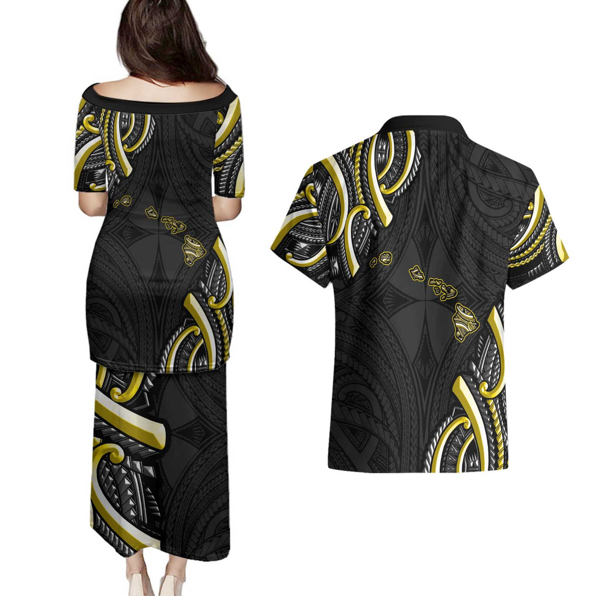 Traditional Art Hawaiian Kakau Tattoos Couples Matching Puletasi and Hawaiian Shirt Yellow Color - Polynesian Pride