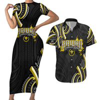 Traditional Art Hawaiian Kakau Tattoos Couples Matching Short Sleeve Bodycon Dress and Hawaiian Shirt Yellow Color LT03 Yellow - Polynesian Pride