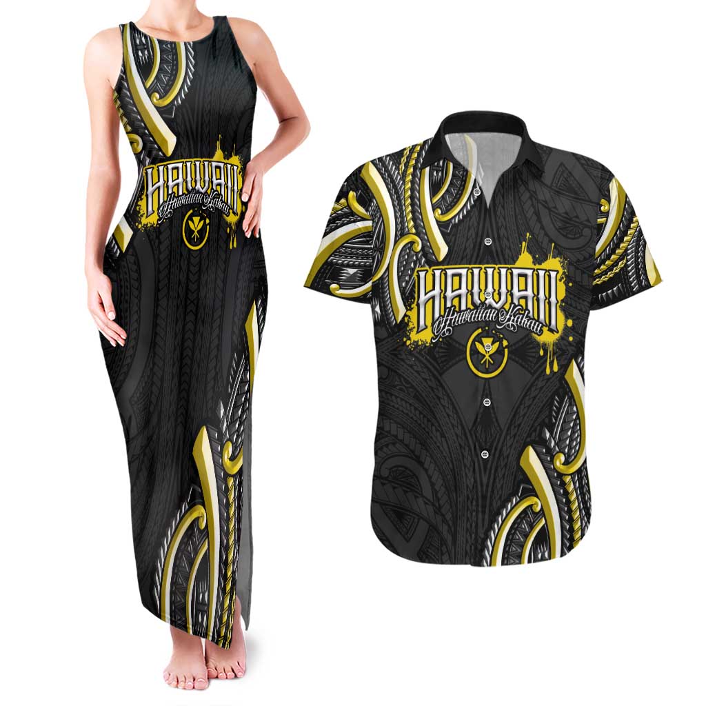 Traditional Art Hawaiian Kakau Tattoos Couples Matching Tank Maxi Dress and Hawaiian Shirt Yellow Color LT03 Yellow - Polynesian Pride