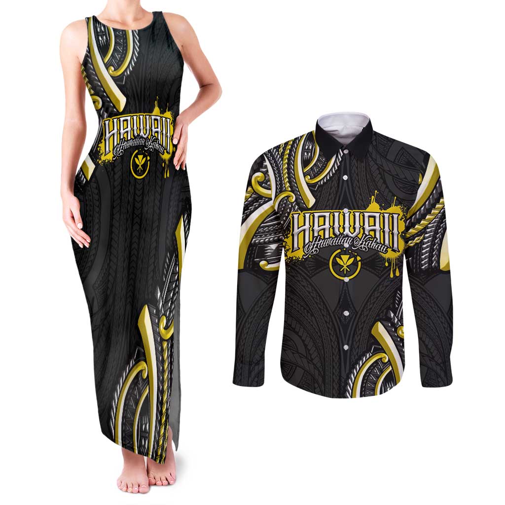 Traditional Art Hawaiian Kakau Tattoos Couples Matching Tank Maxi Dress and Long Sleeve Button Shirt Yellow Color LT03 Yellow - Polynesian Pride