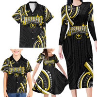 Traditional Art Hawaiian Kakau Tattoos Family Matching Long Sleeve Bodycon Dress and Hawaiian Shirt Yellow Color LT03 - Polynesian Pride