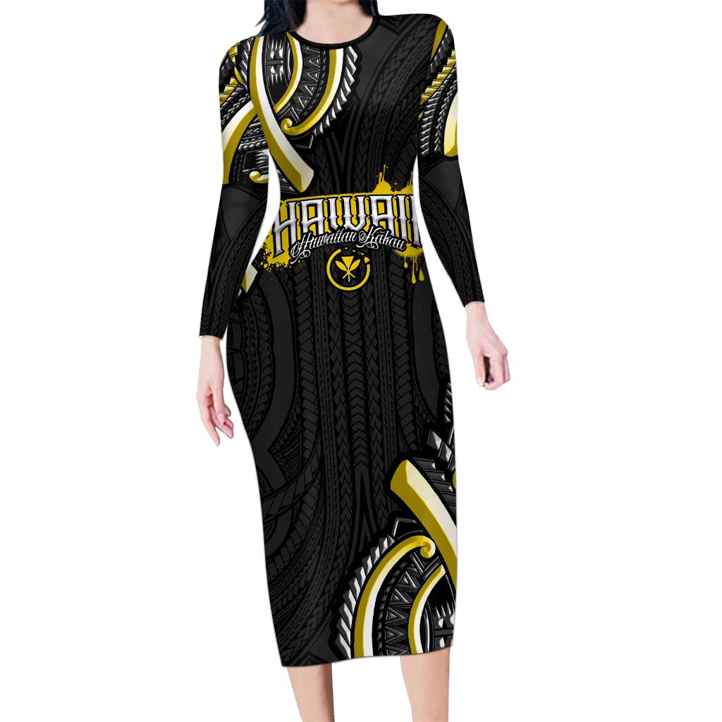 Traditional Art Hawaiian Kakau Tattoos Family Matching Long Sleeve Bodycon Dress and Hawaiian Shirt Yellow Color LT03 Mom's Dress Yellow - Polynesian Pride
