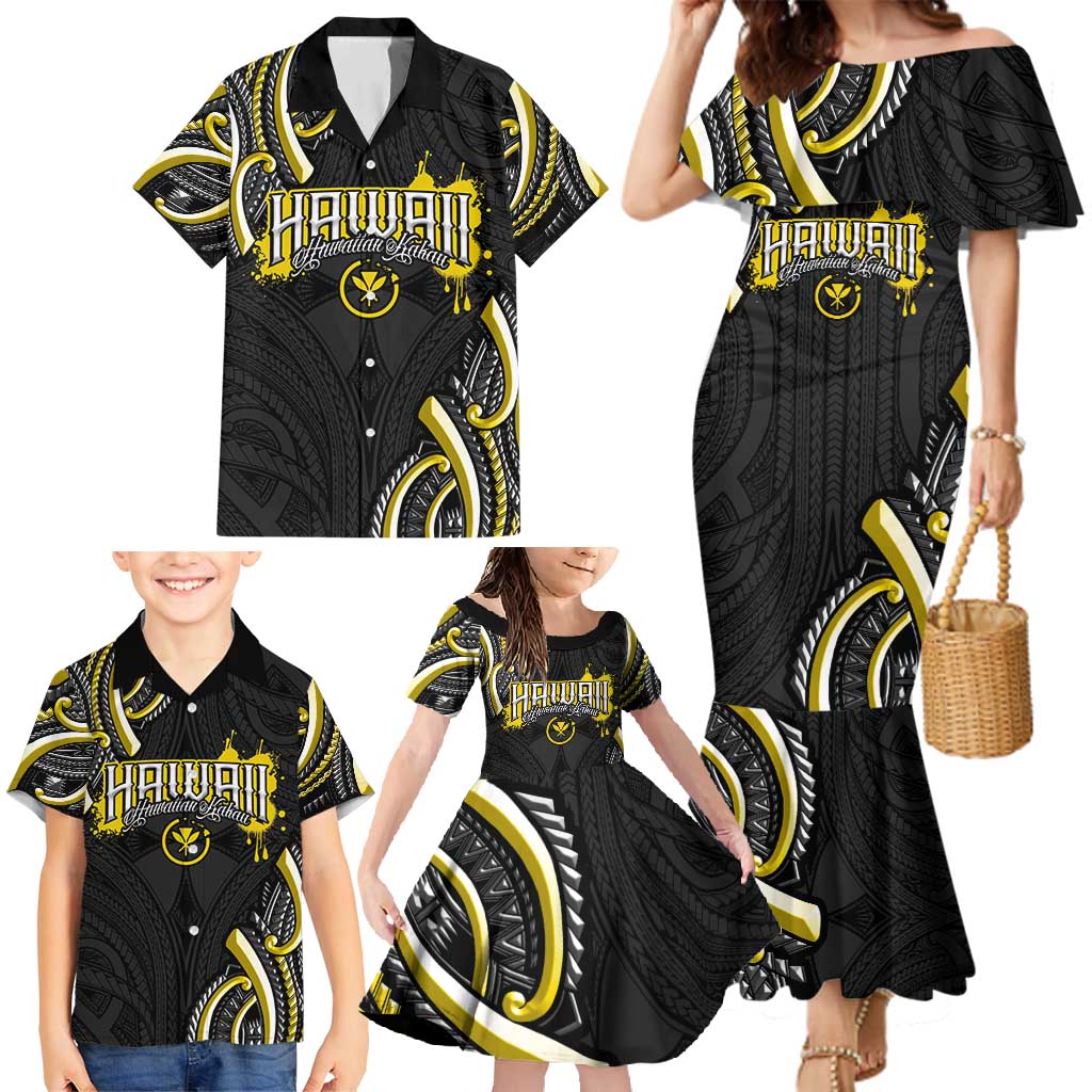 Traditional Art Hawaiian Kakau Tattoos Family Matching Mermaid Dress and Hawaiian Shirt Yellow Color - Polynesian Pride