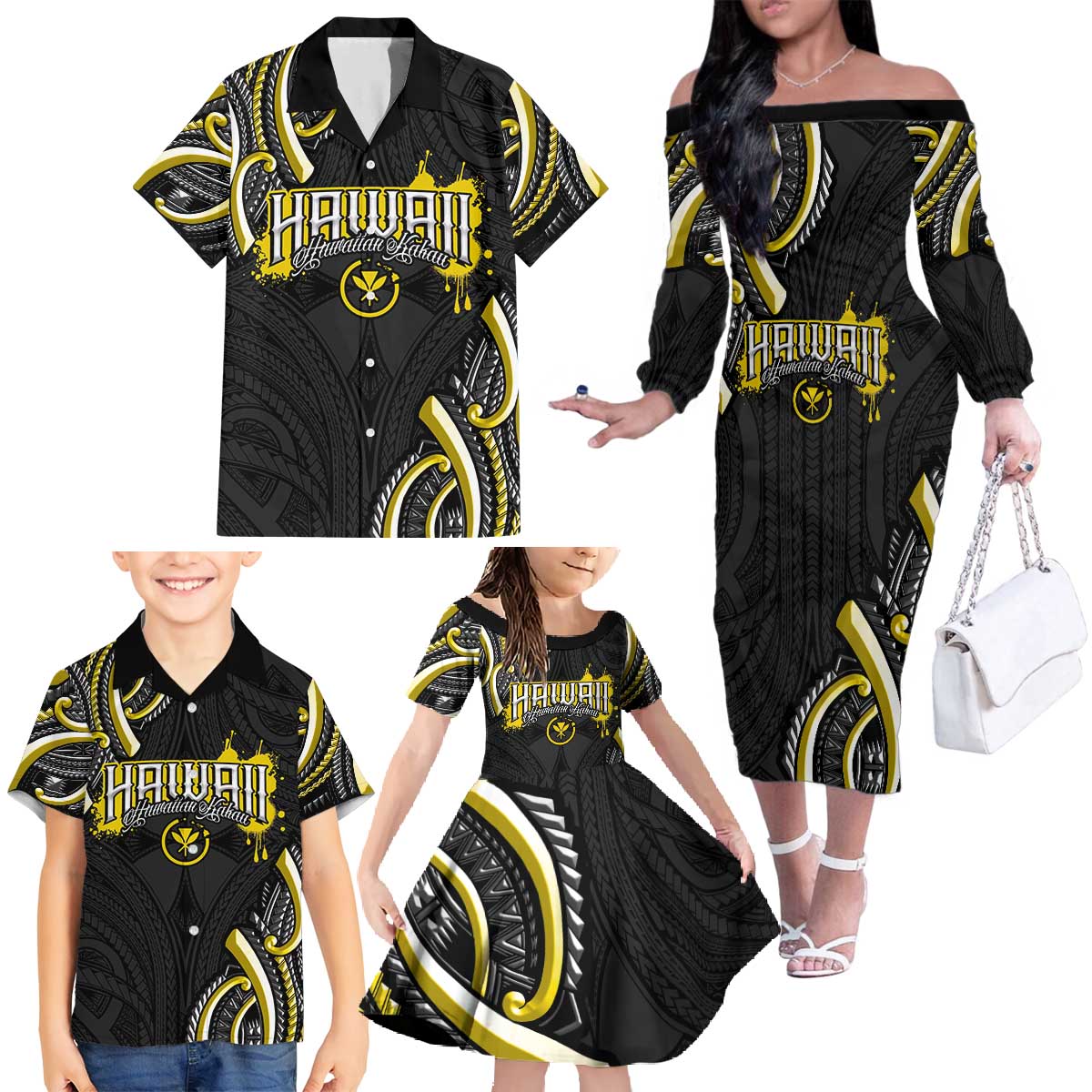 Traditional Art Hawaiian Kakau Tattoos Family Matching Off The Shoulder Long Sleeve Dress and Hawaiian Shirt Yellow Color - Polynesian Pride