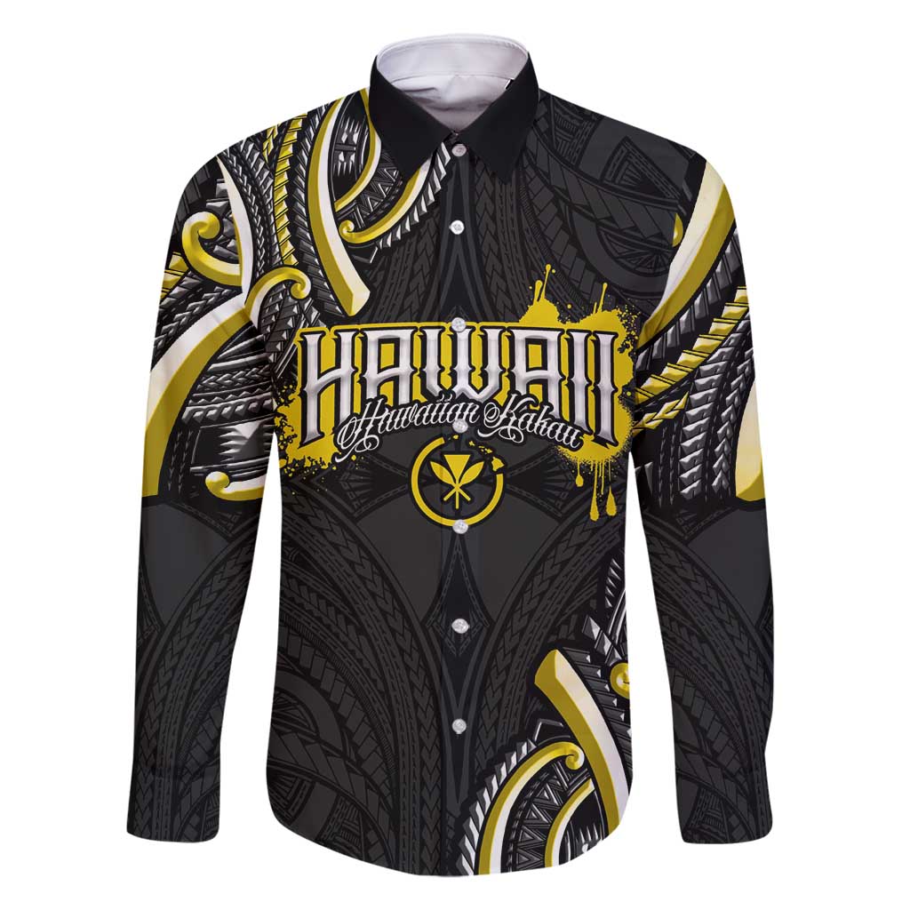 Traditional Art Hawaiian Kakau Tattoos Family Matching Off Shoulder Maxi Dress and Hawaiian Shirt Yellow Color LT03 Dad's Shirt - Long Sleeve Yellow - Polynesian Pride