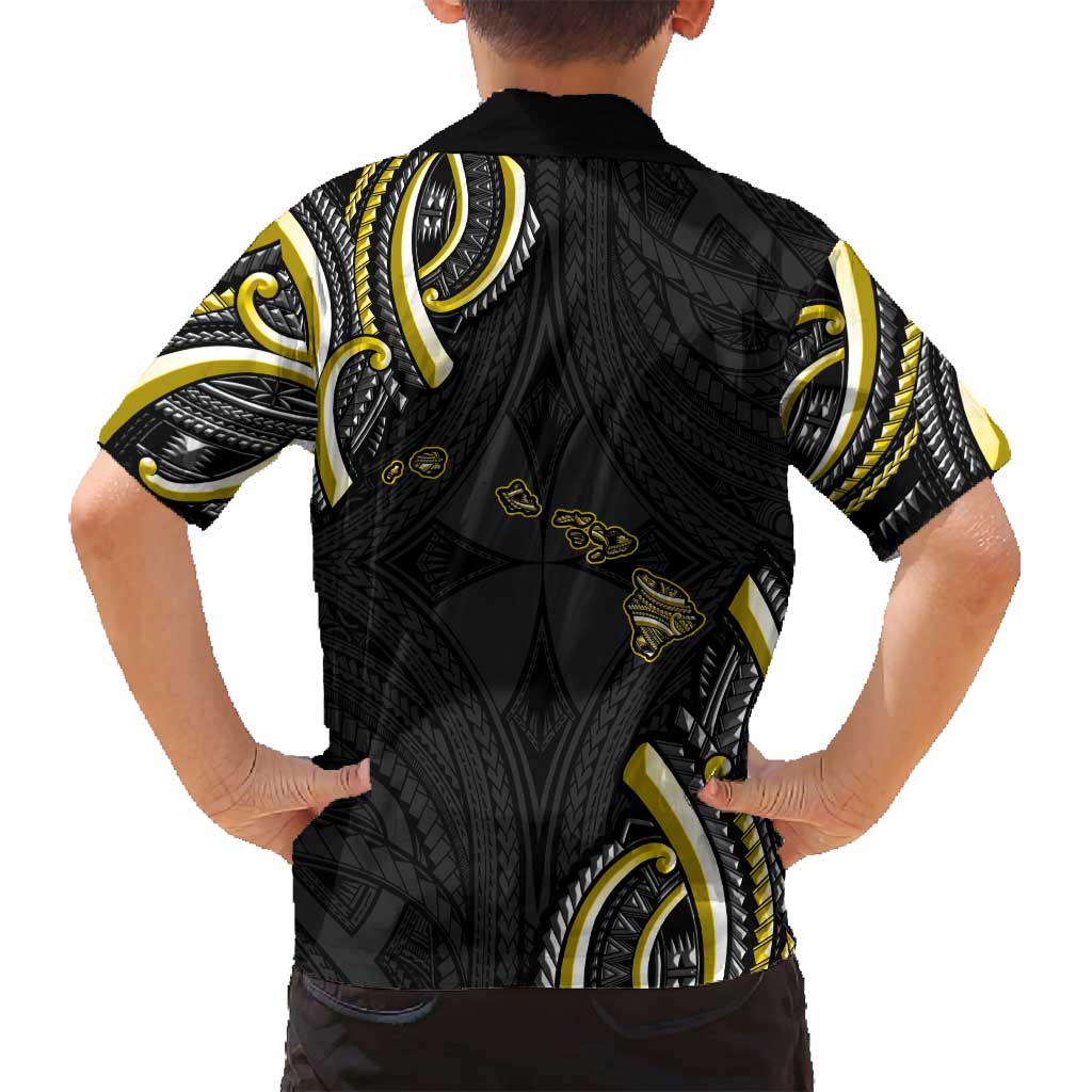 Traditional Art Hawaiian Kakau Tattoos Family Matching Off Shoulder Short Dress and Hawaiian Shirt Yellow Color LT03 - Polynesian Pride