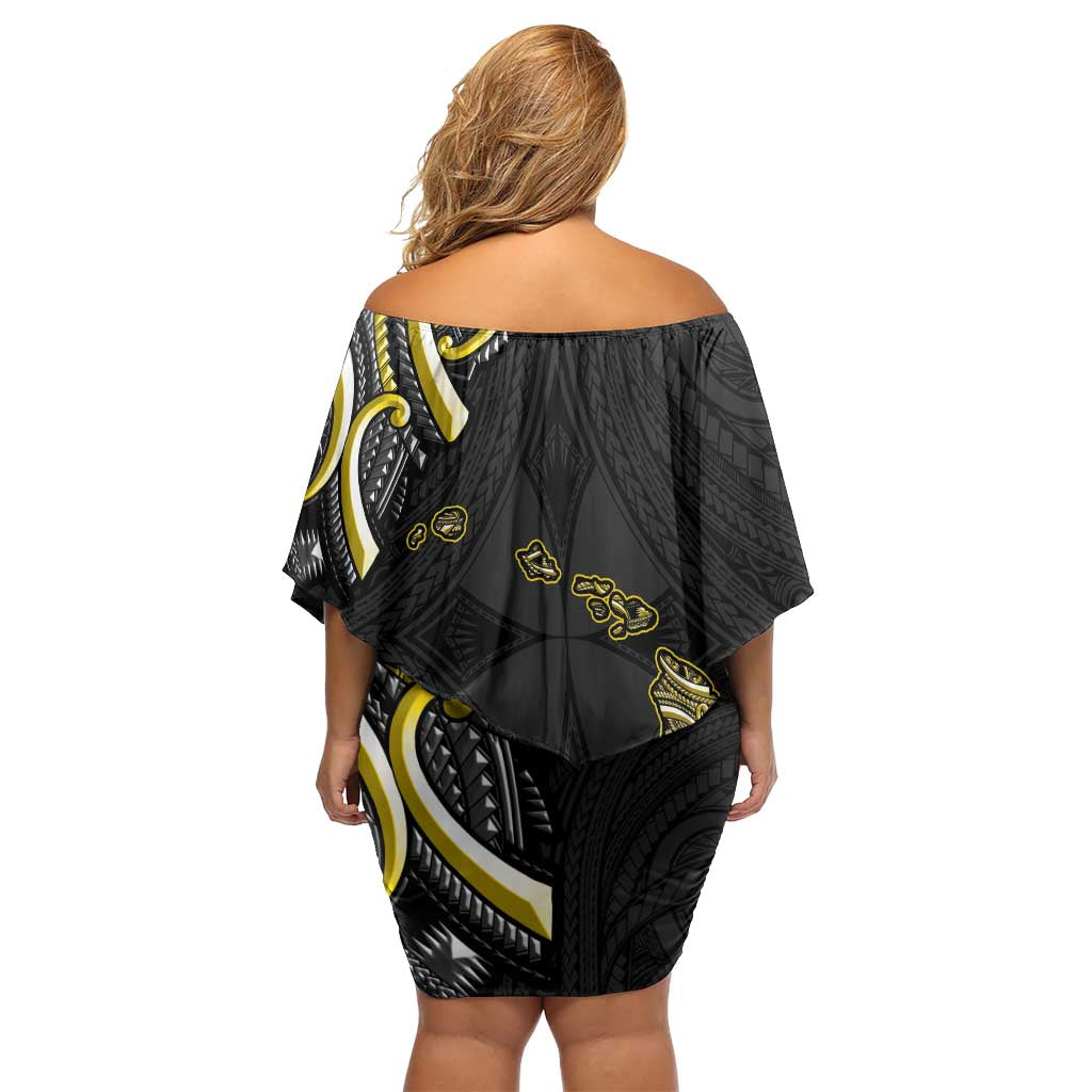 Traditional Art Hawaiian Kakau Tattoos Family Matching Off Shoulder Short Dress and Hawaiian Shirt Yellow Color LT03 - Polynesian Pride