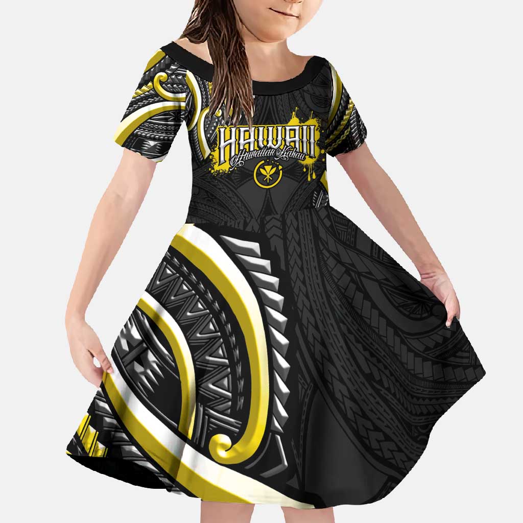 Traditional Art Hawaiian Kakau Tattoos Family Matching Short Sleeve Bodycon Dress and Hawaiian Shirt Yellow Color LT03 Daughter's Dress Yellow - Polynesian Pride