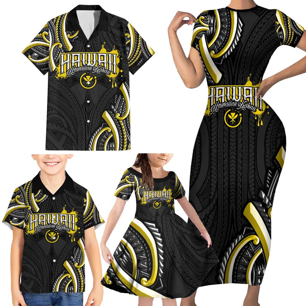 Traditional Art Hawaiian Kakau Tattoos Family Matching Short Sleeve Bodycon Dress and Hawaiian Shirt Yellow Color LT03 - Polynesian Pride