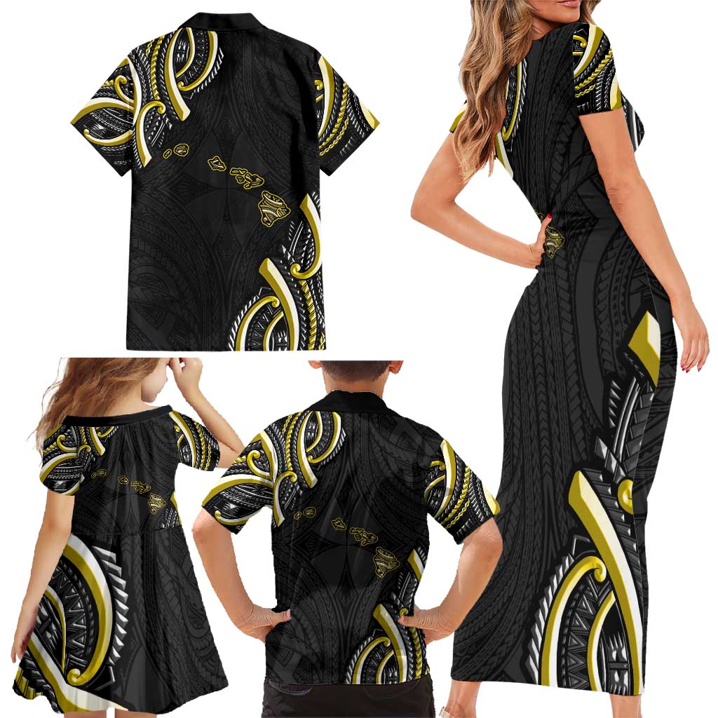 Traditional Art Hawaiian Kakau Tattoos Family Matching Short Sleeve Bodycon Dress and Hawaiian Shirt Yellow Color LT03 - Polynesian Pride