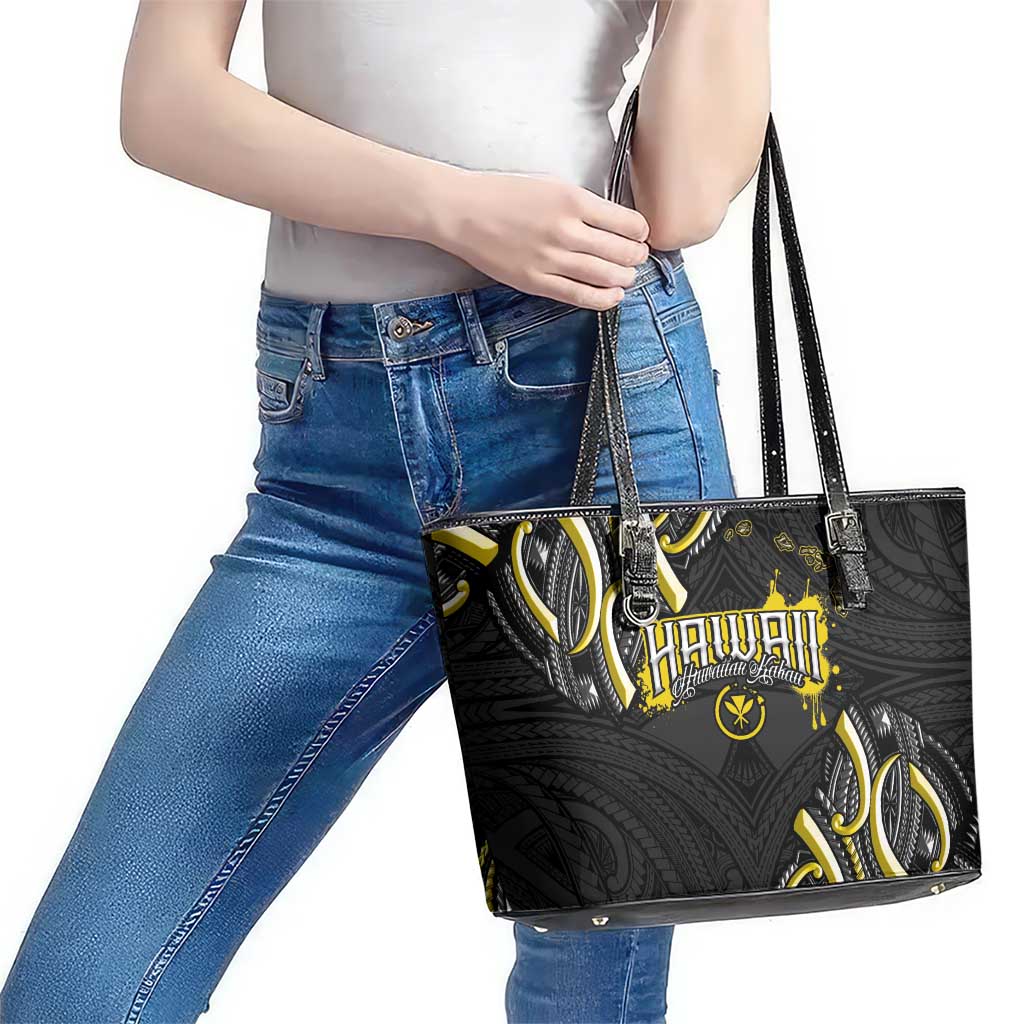 Traditional Art Hawaiian Kakau Tattoos Leather Tote Bag Yellow Color - Polynesian Pride
