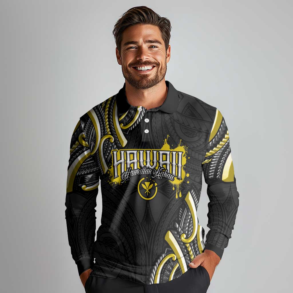 Traditional Art Hawaiian Kakau Tattoos Long Sleeve Polo Shirt Yellow Color - Polynesian Pride