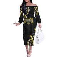 Traditional Art Hawaiian Kakau Tattoos Off The Shoulder Long Sleeve Dress Yellow Color - Polynesian Pride