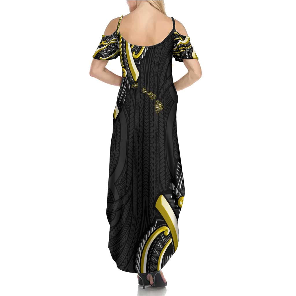 Traditional Art Hawaiian Kakau Tattoos Summer Maxi Dress Yellow Color - Polynesian Pride
