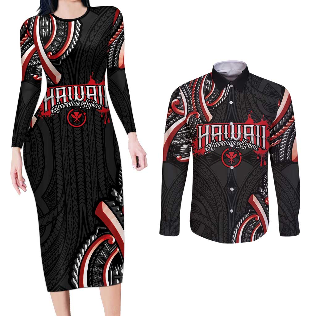 Traditional Art Hawaiian Kakau Tattoos Couples Matching Long Sleeve Bodycon Dress and Long Sleeve Button Shirt Red Color - Polynesian Pride