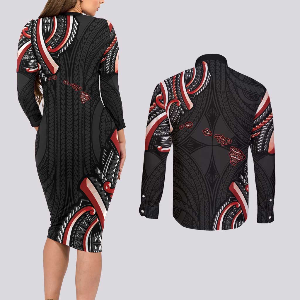 Traditional Art Hawaiian Kakau Tattoos Couples Matching Long Sleeve Bodycon Dress and Long Sleeve Button Shirt Red Color LT03 - Polynesian Pride