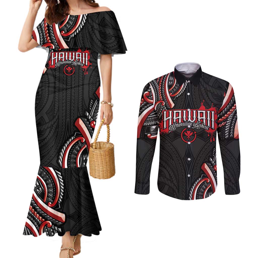 Traditional Art Hawaiian Kakau Tattoos Couples Matching Mermaid Dress and Long Sleeve Button Shirt Red Color LT03 Red - Polynesian Pride