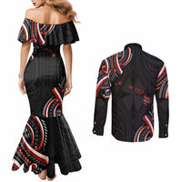 Traditional Art Hawaiian Kakau Tattoos Couples Matching Mermaid Dress and Long Sleeve Button Shirt Red Color LT03 - Polynesian Pride
