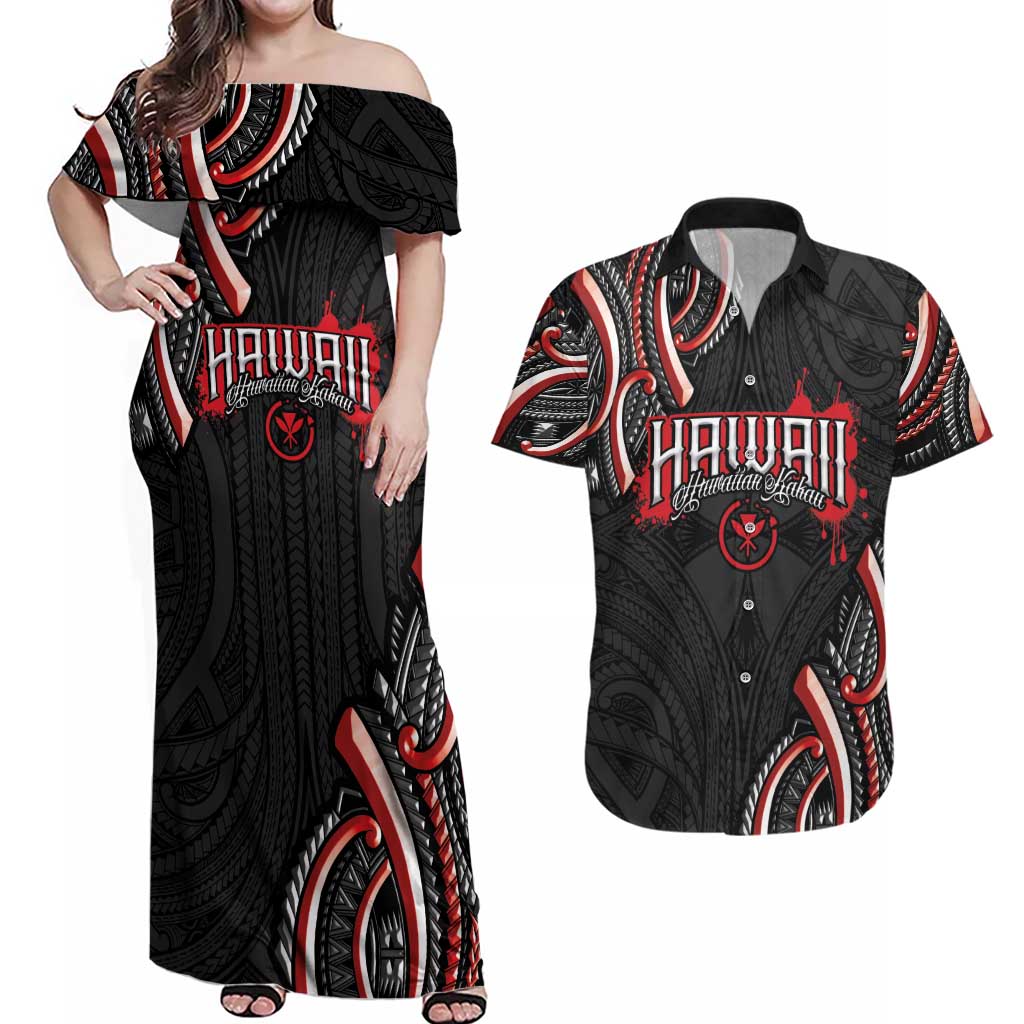 Traditional Art Hawaiian Kakau Tattoos Couples Matching Off Shoulder Maxi Dress and Hawaiian Shirt Red Color LT03 Red - Polynesian Pride