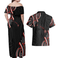Traditional Art Hawaiian Kakau Tattoos Couples Matching Off Shoulder Maxi Dress and Hawaiian Shirt Red Color LT03 - Polynesian Pride