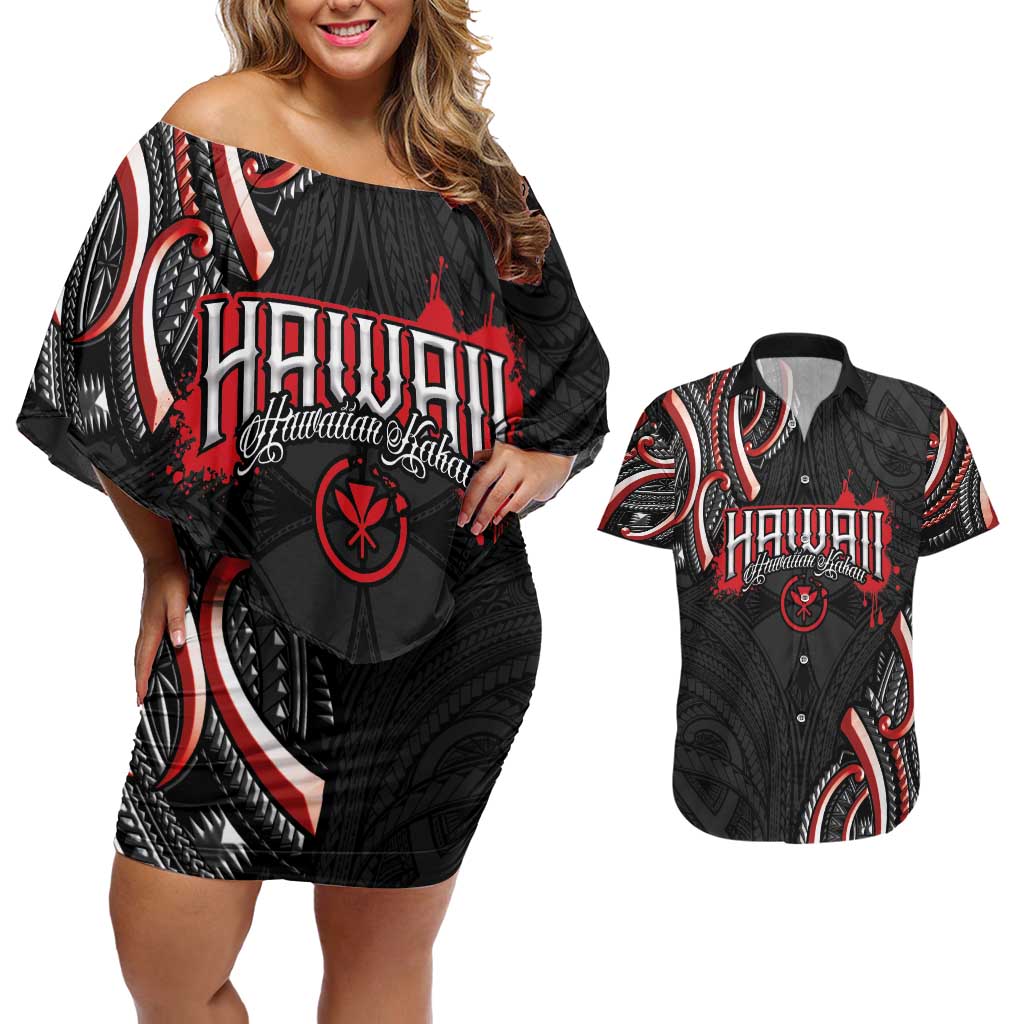 Traditional Art Hawaiian Kakau Tattoos Couples Matching Off Shoulder Short Dress and Hawaiian Shirt Red Color LT03 Red - Polynesian Pride
