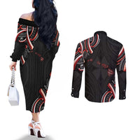 Traditional Art Hawaiian Kakau Tattoos Couples Matching Off The Shoulder Long Sleeve Dress and Long Sleeve Button Shirt Red Color LT03 - Polynesian Pride