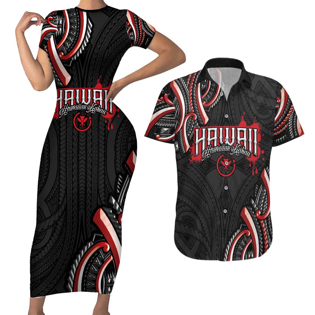 Traditional Art Hawaiian Kakau Tattoos Couples Matching Short Sleeve Bodycon Dress and Hawaiian Shirt Red Color LT03 Red - Polynesian Pride