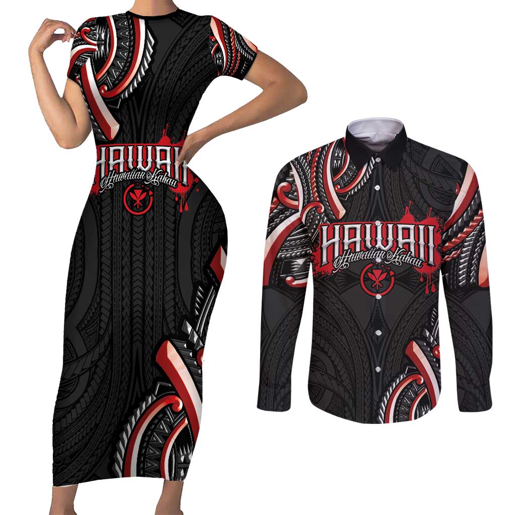Traditional Art Hawaiian Kakau Tattoos Couples Matching Short Sleeve Bodycon Dress and Long Sleeve Button Shirt Red Color LT03 Red - Polynesian Pride