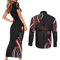Traditional Art Hawaiian Kakau Tattoos Couples Matching Short Sleeve Bodycon Dress and Long Sleeve Button Shirt Red Color LT03 - Polynesian Pride
