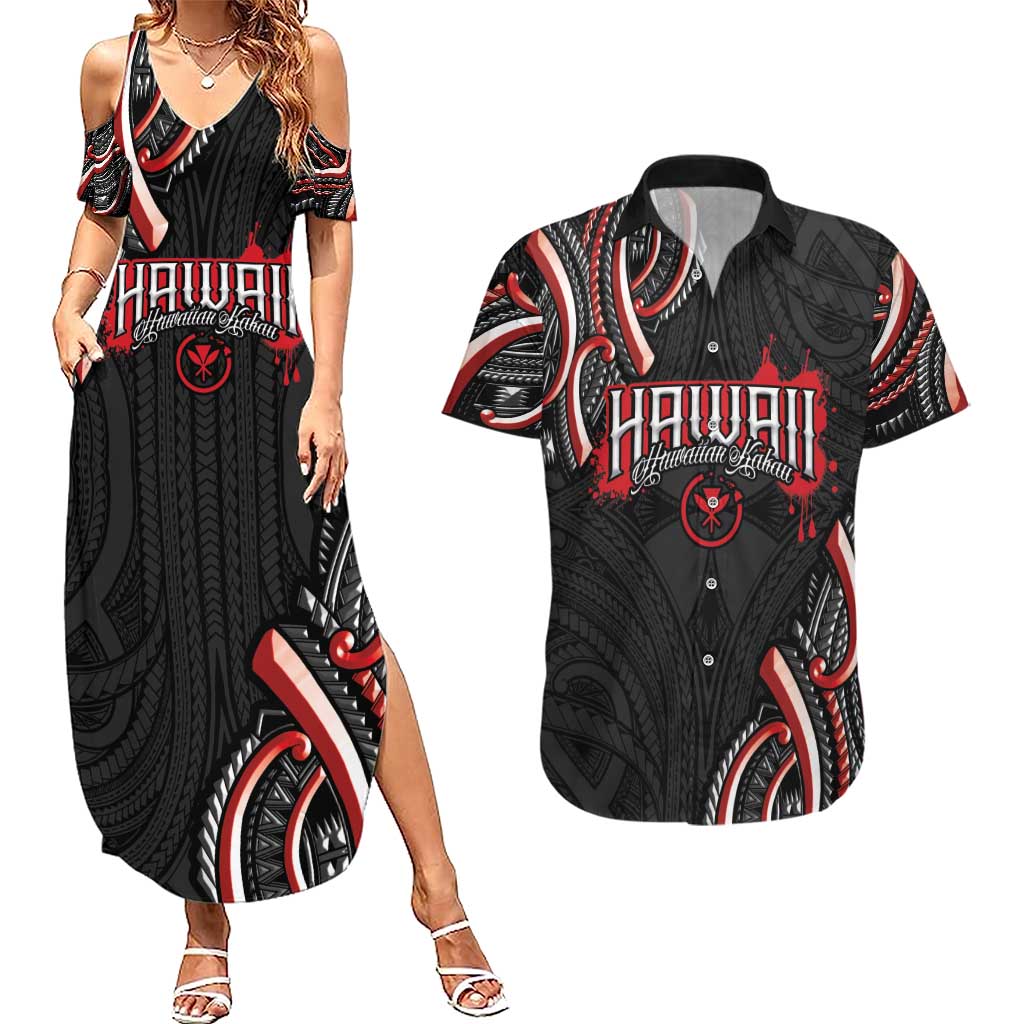 Traditional Art Hawaiian Kakau Tattoos Couples Matching Summer Maxi Dress and Hawaiian Shirt Red Color LT03 Red - Polynesian Pride