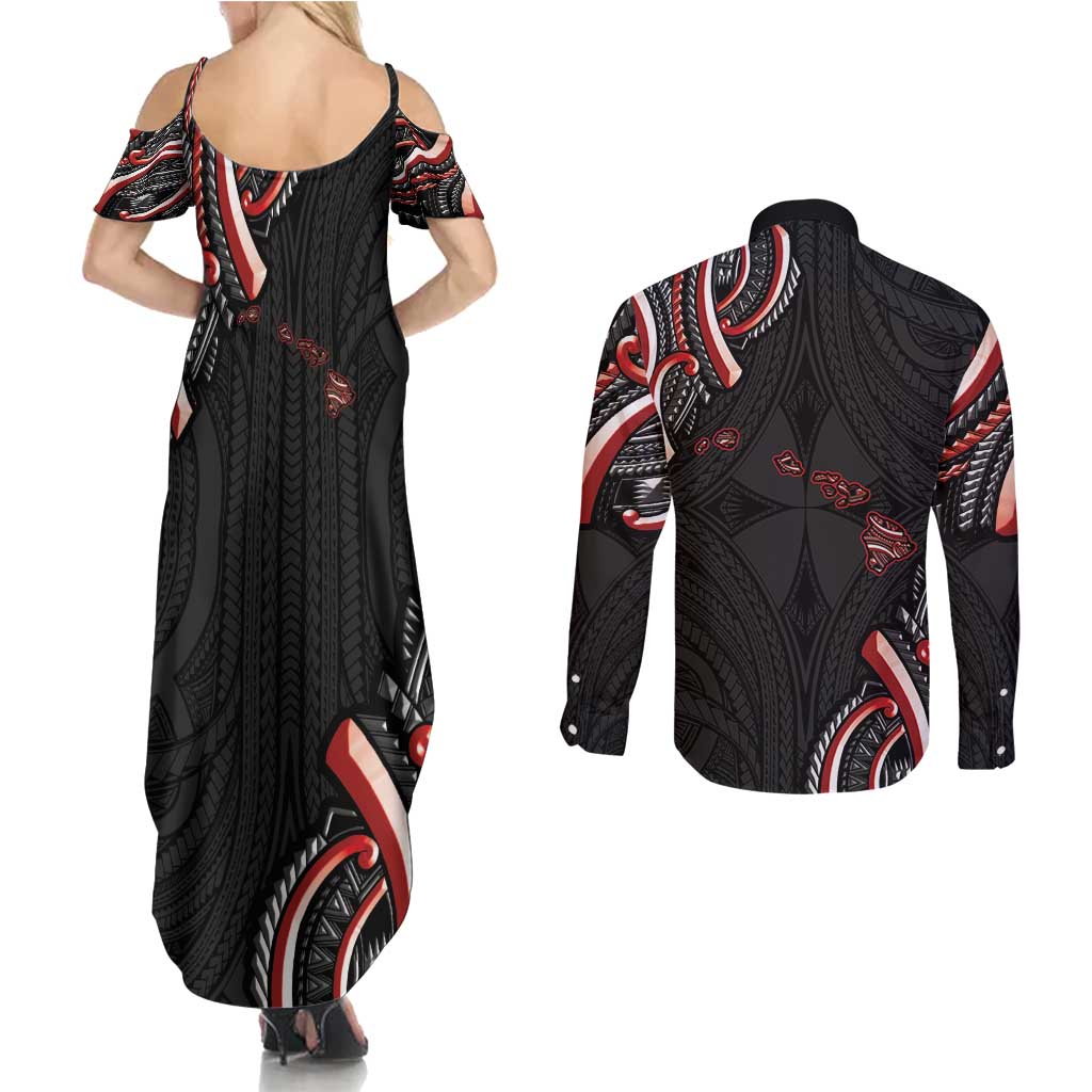 Traditional Art Hawaiian Kakau Tattoos Couples Matching Summer Maxi Dress and Long Sleeve Button Shirt Red Color - Polynesian Pride