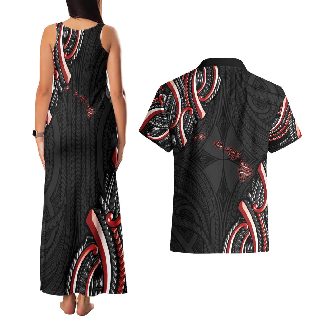 Traditional Art Hawaiian Kakau Tattoos Couples Matching Tank Maxi Dress and Hawaiian Shirt Red Color LT03 - Polynesian Pride