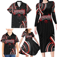 Traditional Art Hawaiian Kakau Tattoos Family Matching Long Sleeve Bodycon Dress and Hawaiian Shirt Red Color LT03 - Polynesian Pride