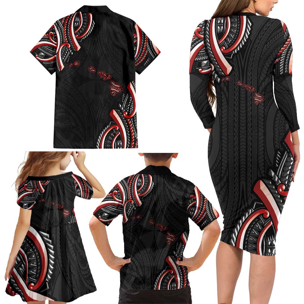 Traditional Art Hawaiian Kakau Tattoos Family Matching Long Sleeve Bodycon Dress and Hawaiian Shirt Red Color LT03 - Polynesian Pride