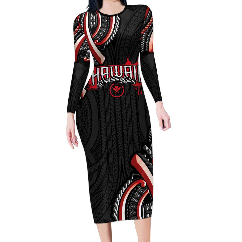 Traditional Art Hawaiian Kakau Tattoos Family Matching Long Sleeve Bodycon Dress and Hawaiian Shirt Red Color LT03 Mom's Dress Red - Polynesian Pride
