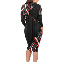 Traditional Art Hawaiian Kakau Tattoos Family Matching Long Sleeve Bodycon Dress and Hawaiian Shirt Red Color LT03 - Polynesian Pride