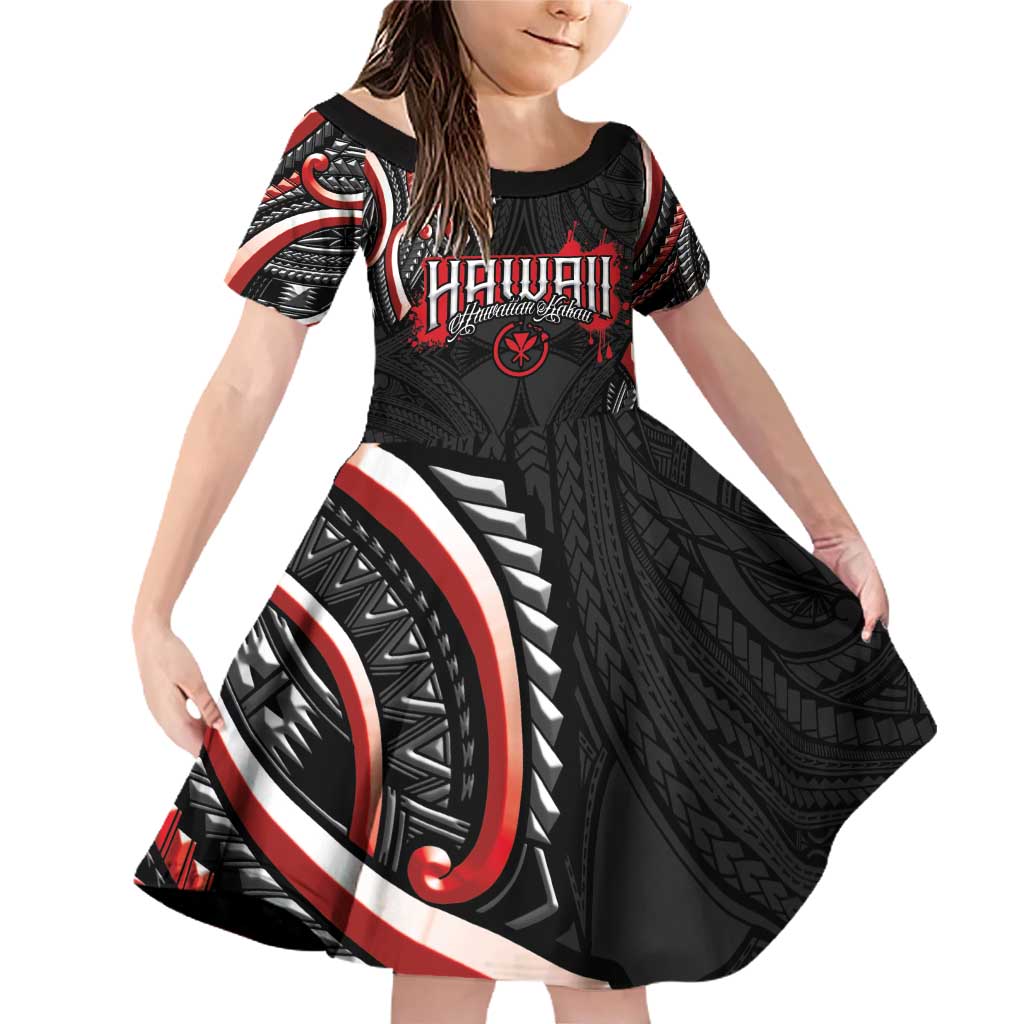 Traditional Art Hawaiian Kakau Tattoos Family Matching Off Shoulder Short Dress and Hawaiian Shirt Red Color LT03 Daughter's Dress Red - Polynesian Pride
