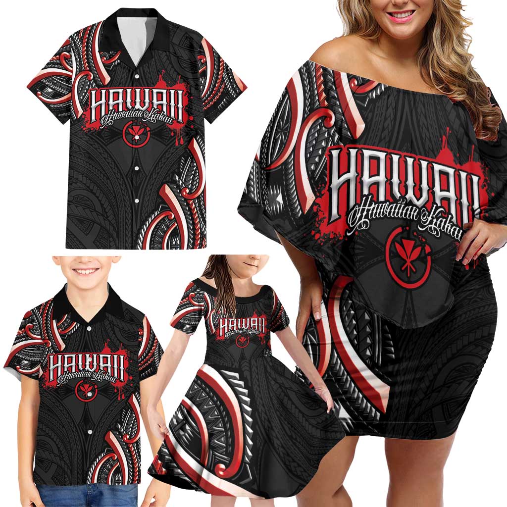 Traditional Art Hawaiian Kakau Tattoos Family Matching Off Shoulder Short Dress and Hawaiian Shirt Red Color LT03 - Polynesian Pride