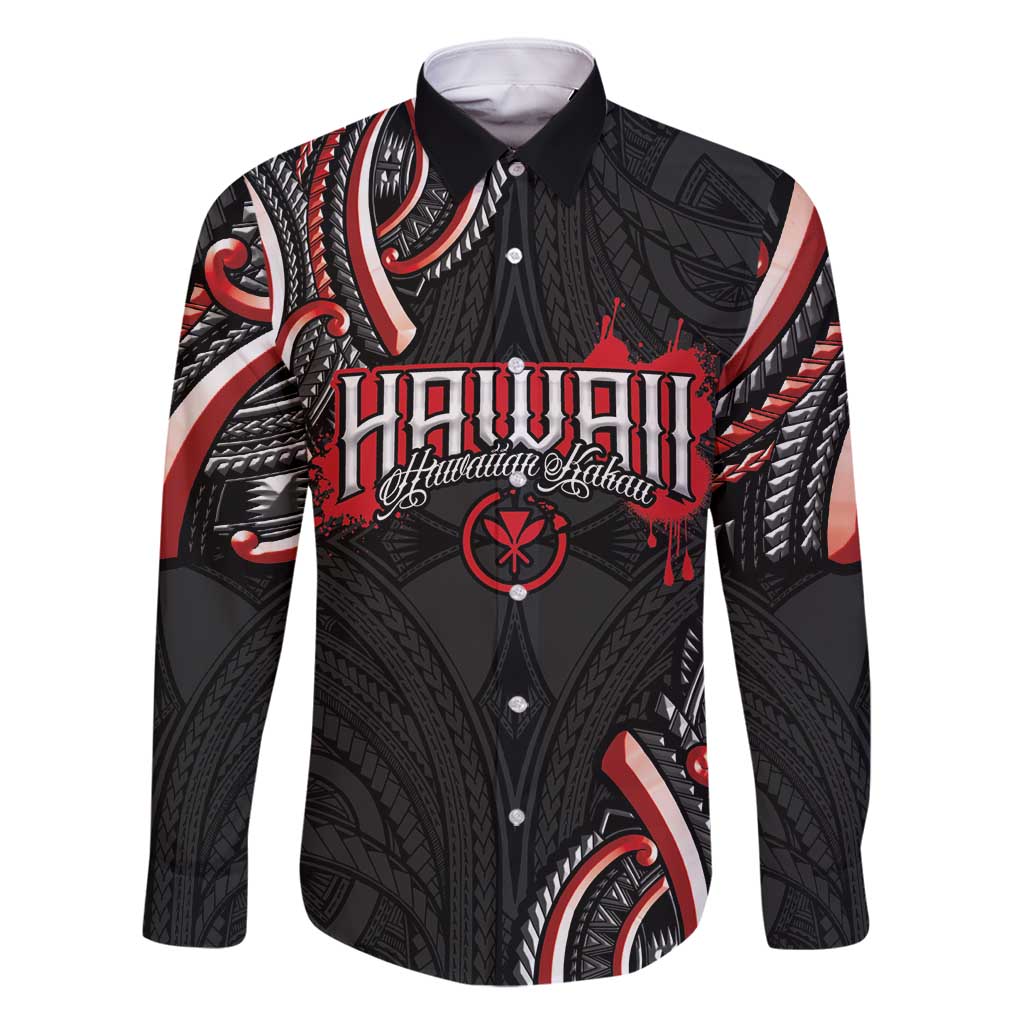 Traditional Art Hawaiian Kakau Tattoos Family Matching Off Shoulder Short Dress and Hawaiian Shirt Red Color LT03 Dad's Shirt - Long Sleeve Red - Polynesian Pride