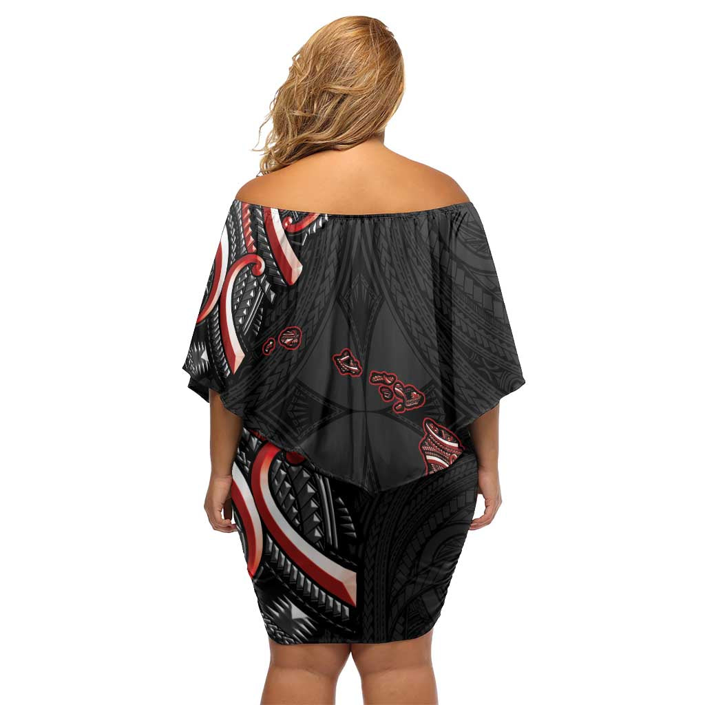 Traditional Art Hawaiian Kakau Tattoos Family Matching Off Shoulder Short Dress and Hawaiian Shirt Red Color LT03 - Polynesian Pride