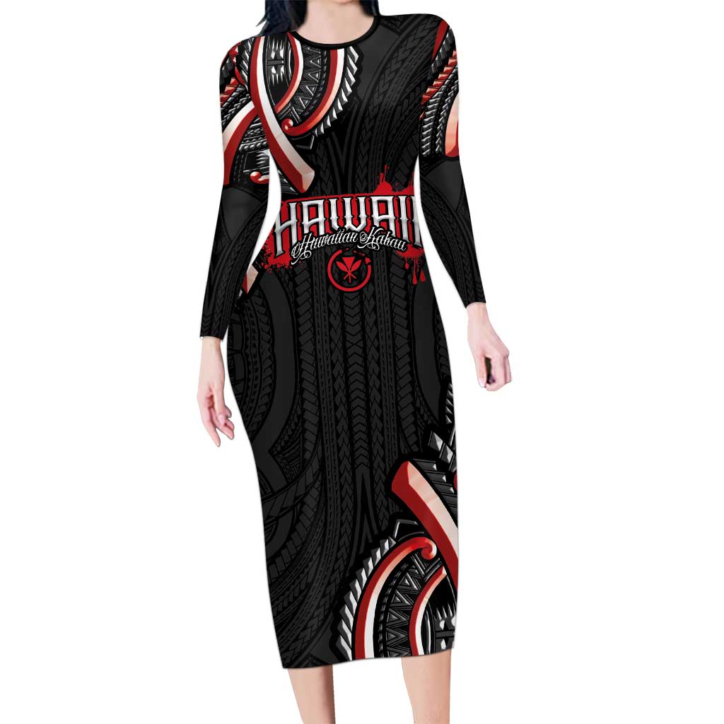 Traditional Art Hawaiian Kakau Tattoos Long Sleeve Bodycon Dress Red Color - Polynesian Pride