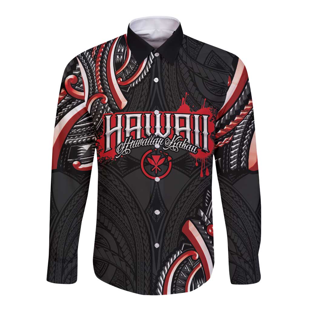 Traditional Art Hawaiian Kakau Tattoos Long Sleeve Button Shirt Red Color - Polynesian Pride