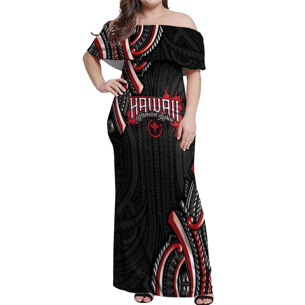Traditional Art Hawaiian Kakau Tattoos Off Shoulder Maxi Dress Red Color - Polynesian Pride