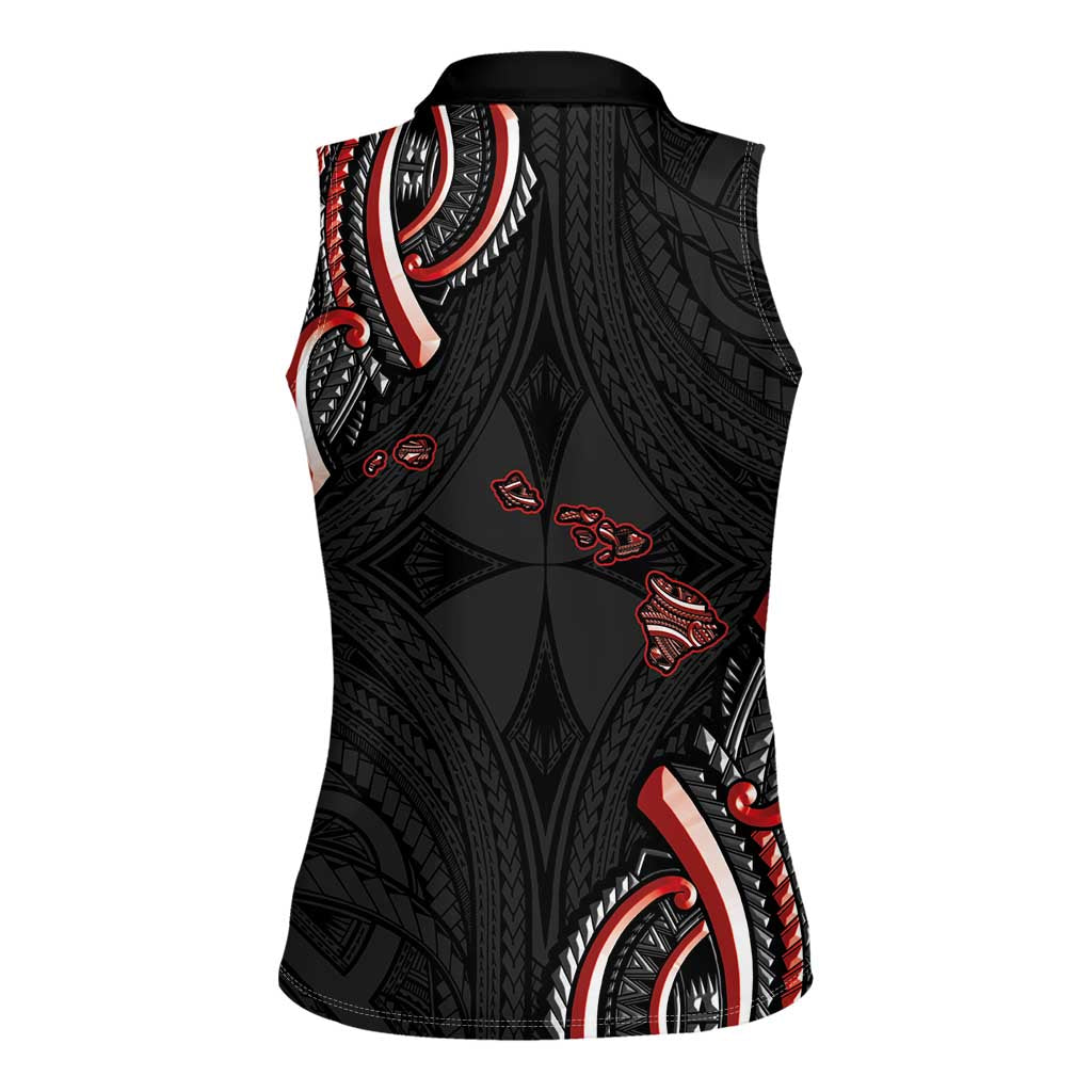 Traditional Art Hawaiian Kakau Tattoos Women Sleeveless Polo Shirt Red Color - Polynesian Pride