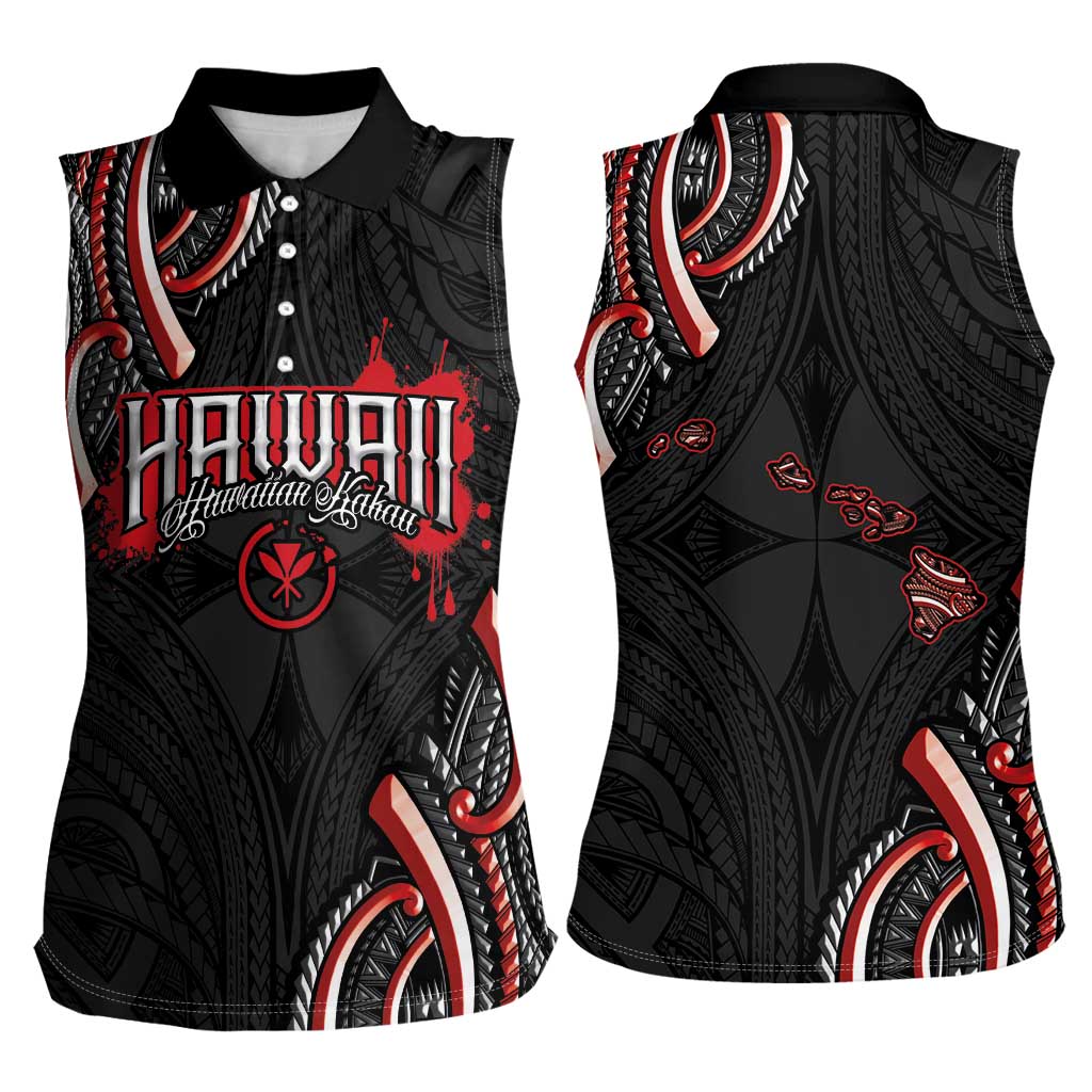 Traditional Art Hawaiian Kakau Tattoos Women Sleeveless Polo Shirt Red Color - Polynesian Pride