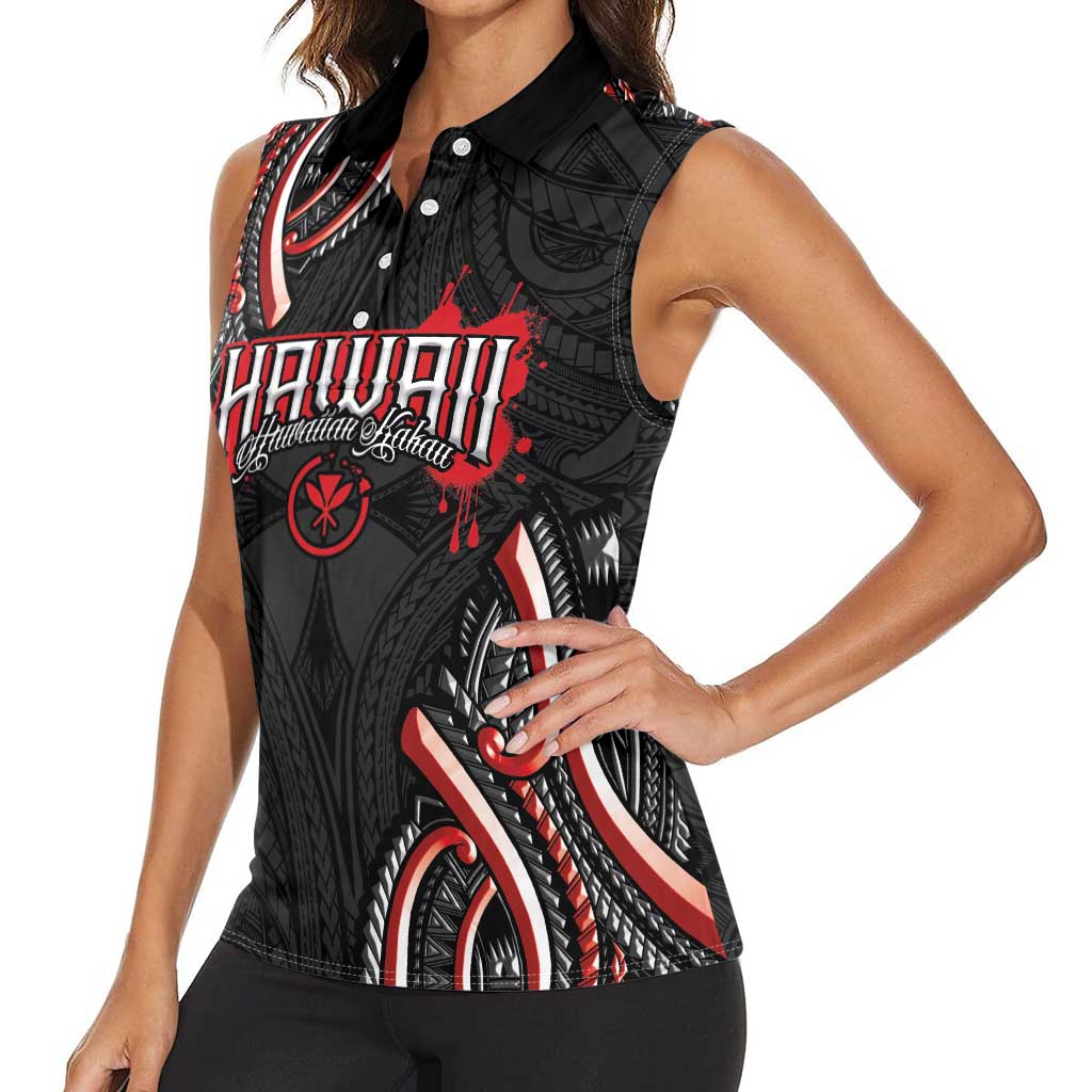 Traditional Art Hawaiian Kakau Tattoos Women Sleeveless Polo Shirt Red Color - Polynesian Pride