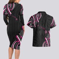 Traditional Art Hawaiian Kakau Tattoos Couples Matching Long Sleeve Bodycon Dress and Hawaiian Shirt Pink Color LT03 - Polynesian Pride